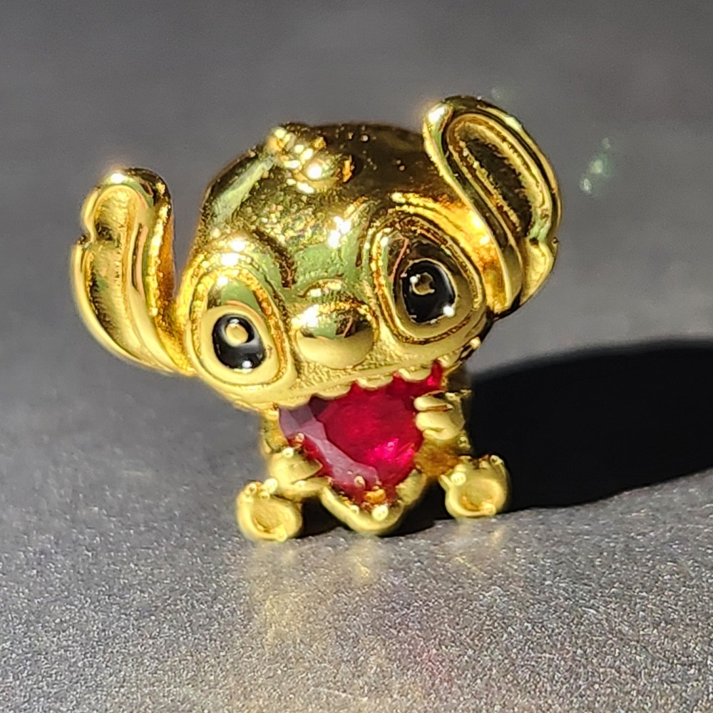 Disney Stitch 14k Gold Plated Heart Charm Lilo & Stitch Red Crystal Bead